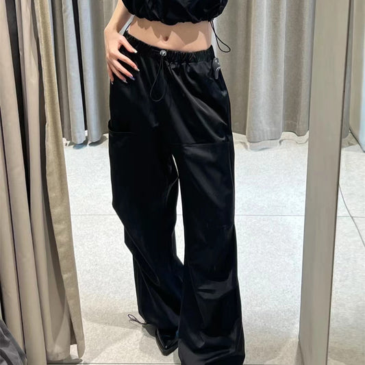 Pantalon large décontracté en satin de soie à la mode pour femmes