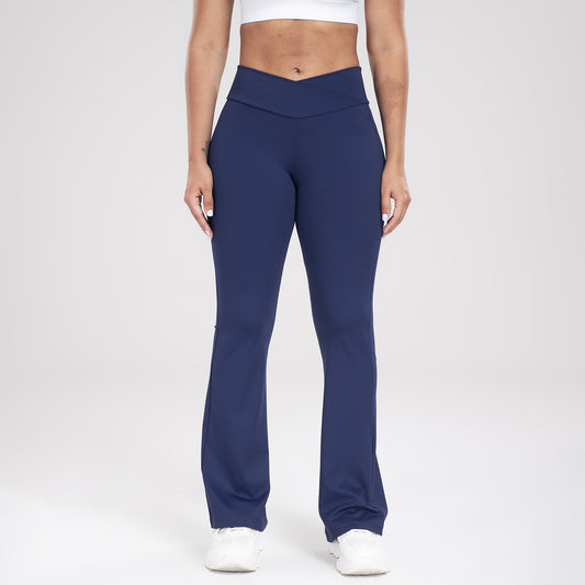 Pantalones de yoga ajustados con cintura cruzada y bolsillo lateral para deportes de ocio, pantalones acampanados para mujer