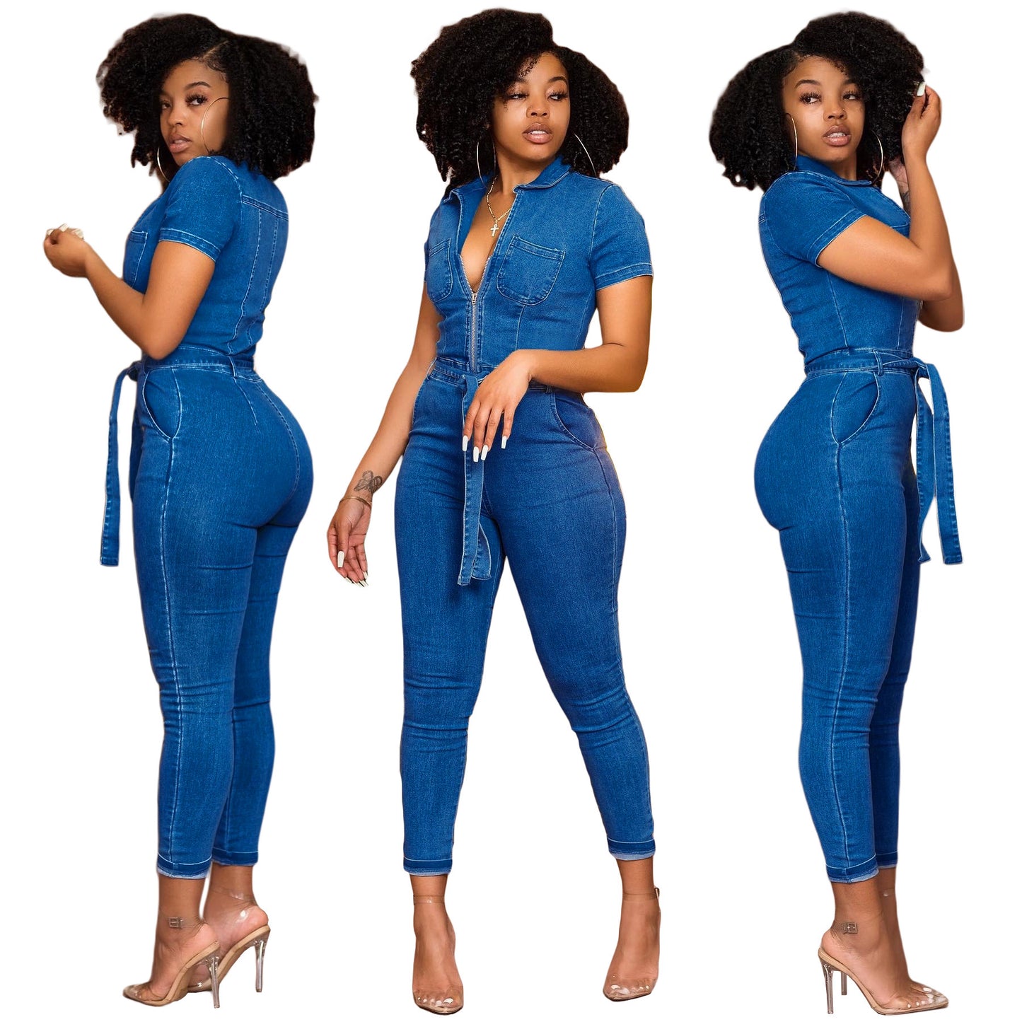 Washed Fashionable Sleeveless One-piece Denim Trousers