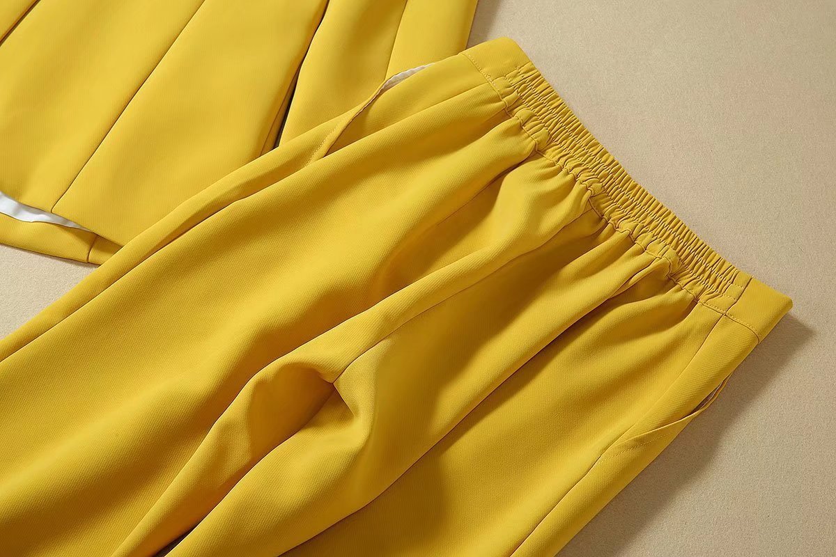 Traje pequeño profesional informal amarillo de dos piezas para mujer