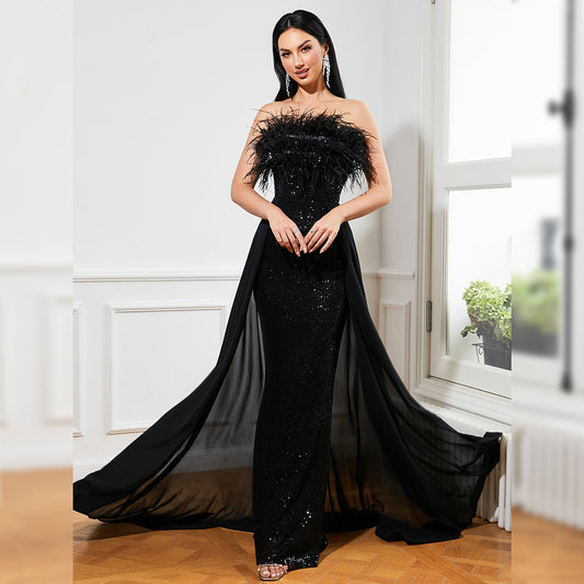 Robe de soirée longue à paillettes, tempérament européen et américain, sans manches, enveloppée sur la poitrine, dos nu, pour Banquet