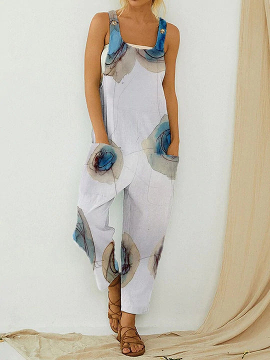 Women's Trousers Fashion Loose Straight Jumpsuit Abstract Birds Flowers Print Bib Jumpsuit