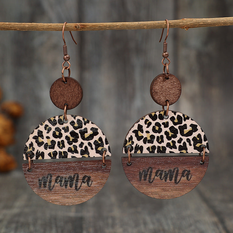 Pendientes de forma redonda de leopardo de madera