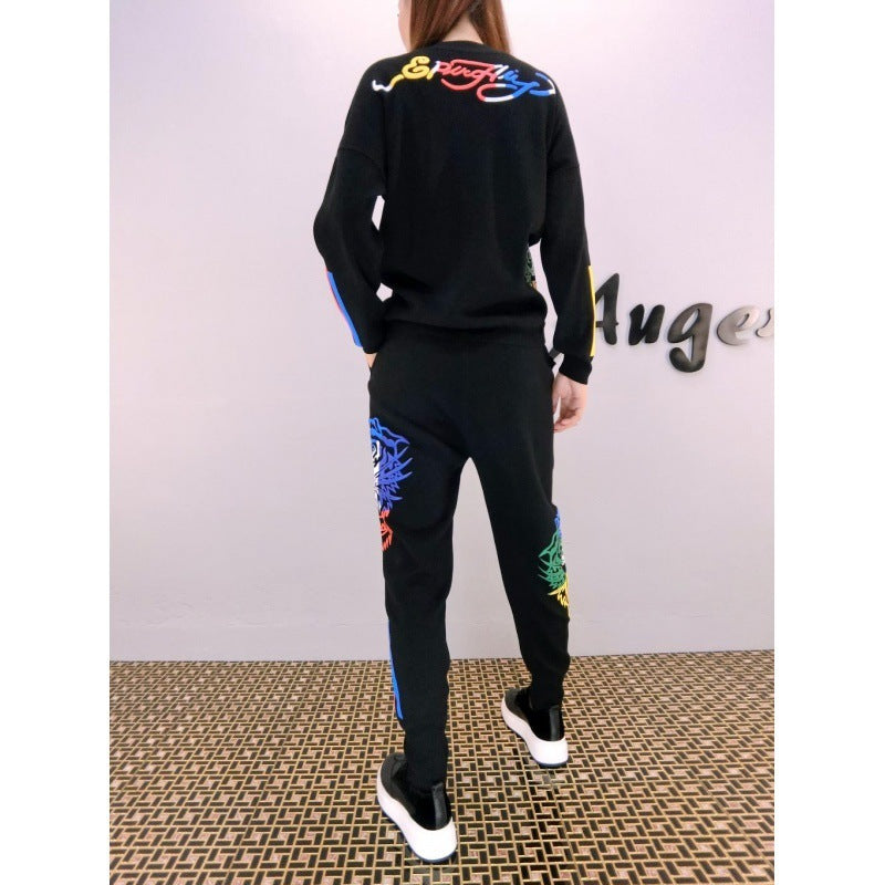 Autumn And Winter New Three-dimensional Printing Knitted Sweater Suit Two-piece Set