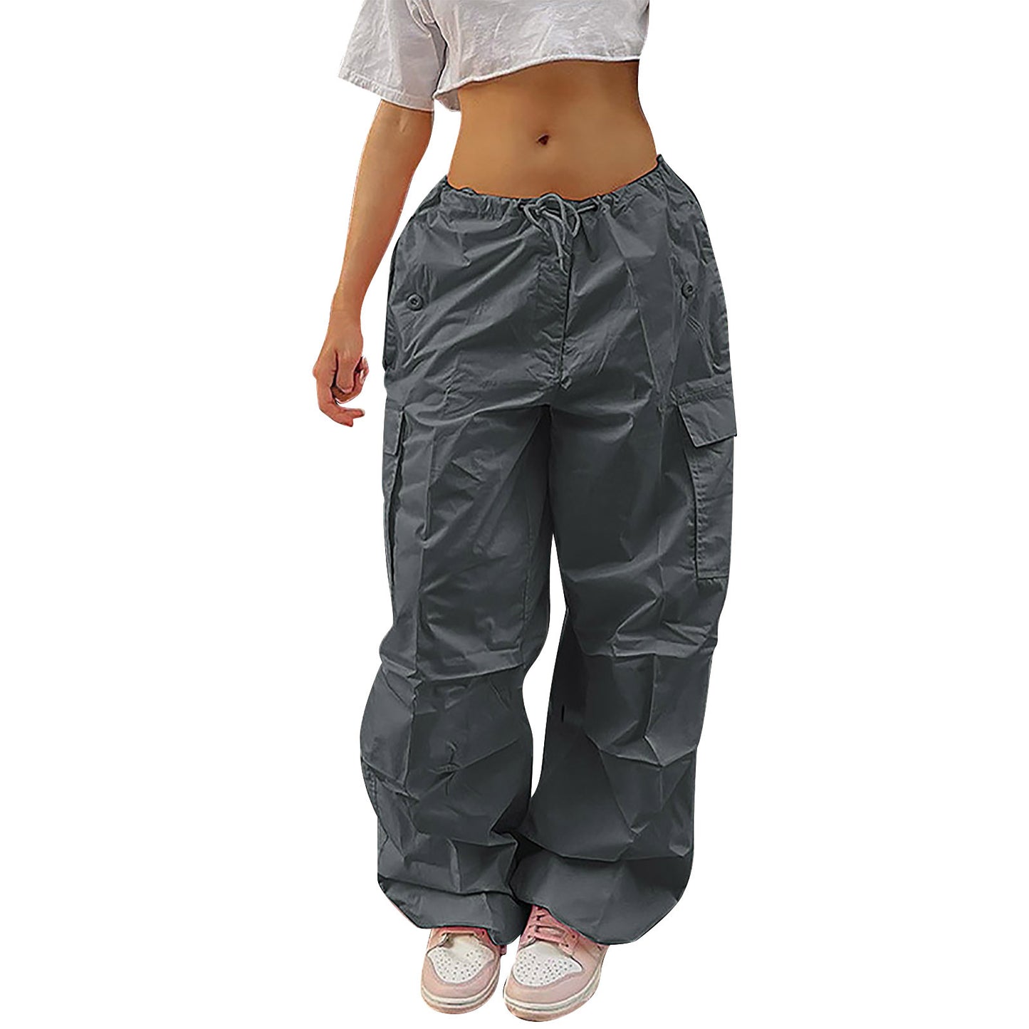 Pantalones Cargo Casuales Para Mujer Color Sólido Diseño De Bolsillo Con Cordón Pantalones De Calle De Moda Niñas