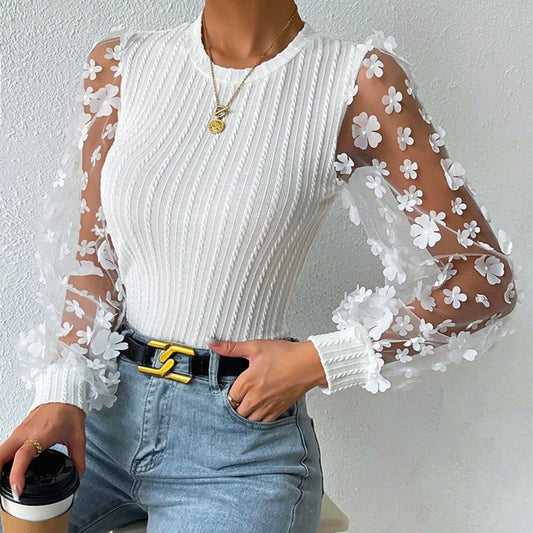 Camisa de gasa con flores pequeñas de malla para mujer Top de manga larga con cuello redondo de verano