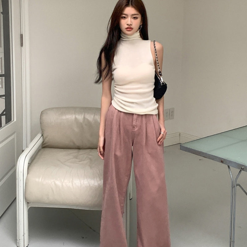 High Waist Slimming Loose Pleated Straight Wide Leg Pants