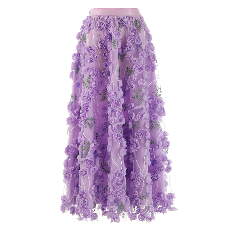 Three-dimensional Flower Embroidered Sequin Gauze Skirt