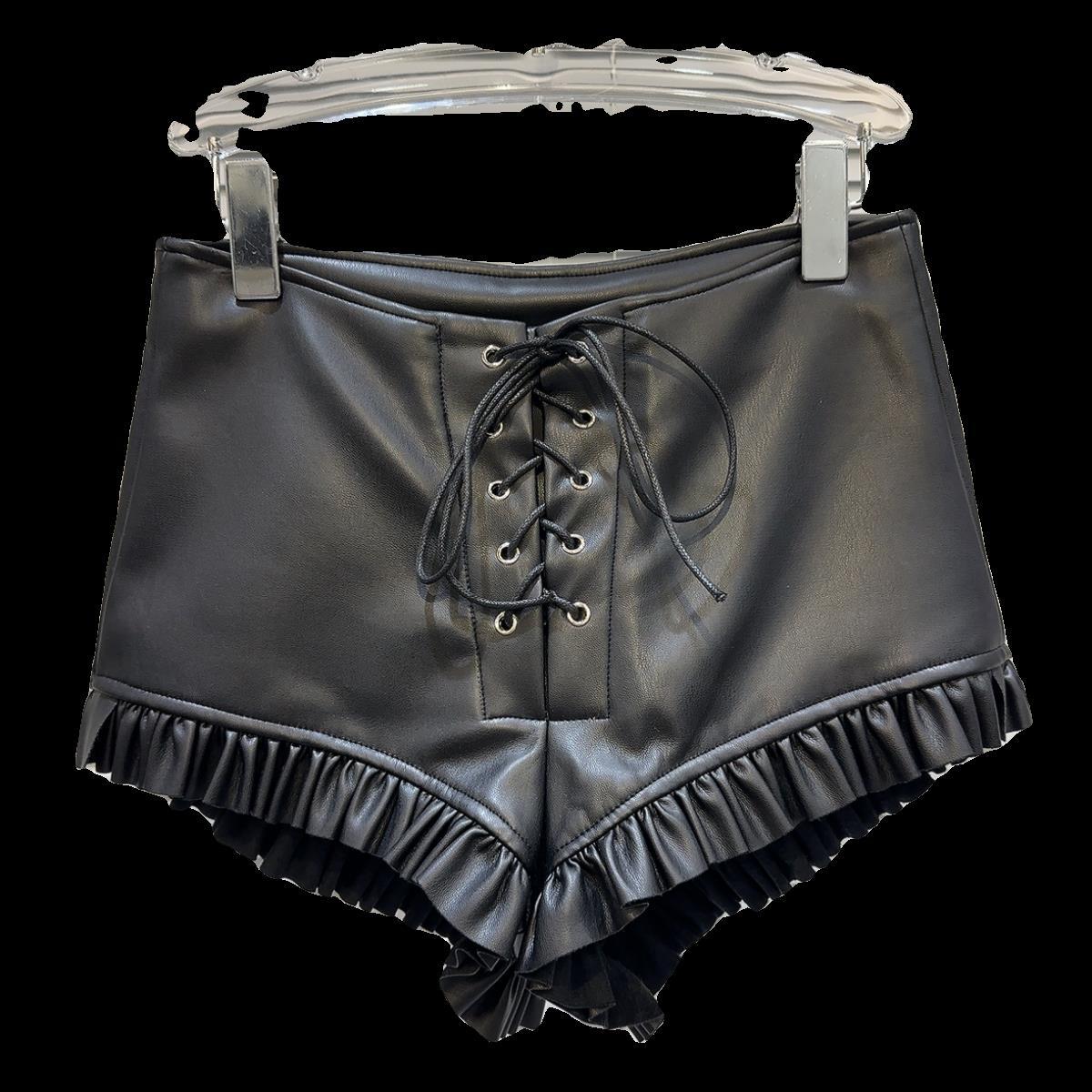 Winter New Dark Hot Girl Pleated Lace Drawstring Strap PU Leather Short