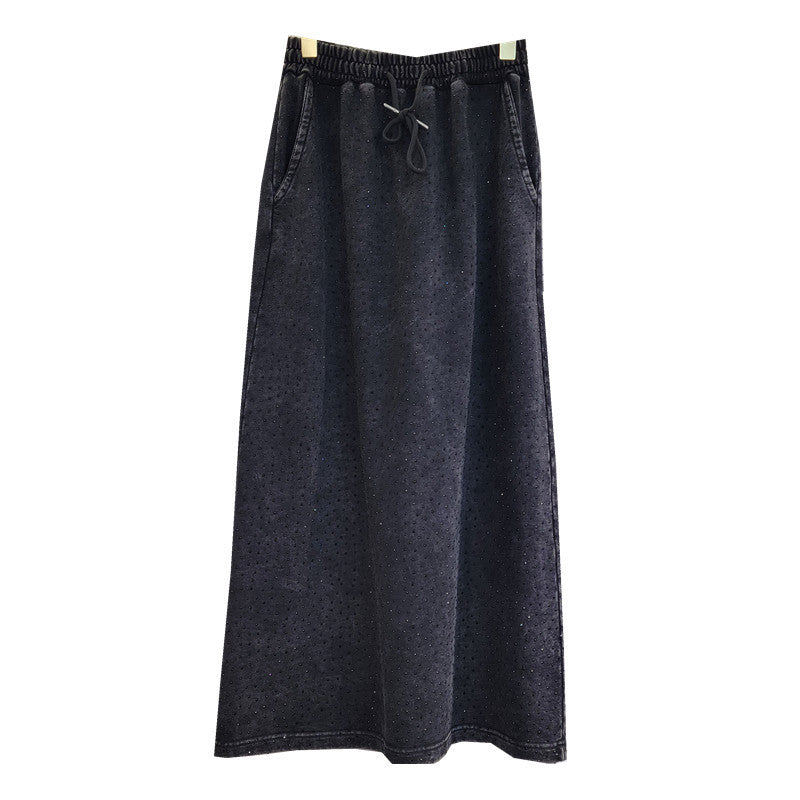 Starry Heavy Embroidery Hot Drilling Elastic Waist Split A- Line Skirt Women