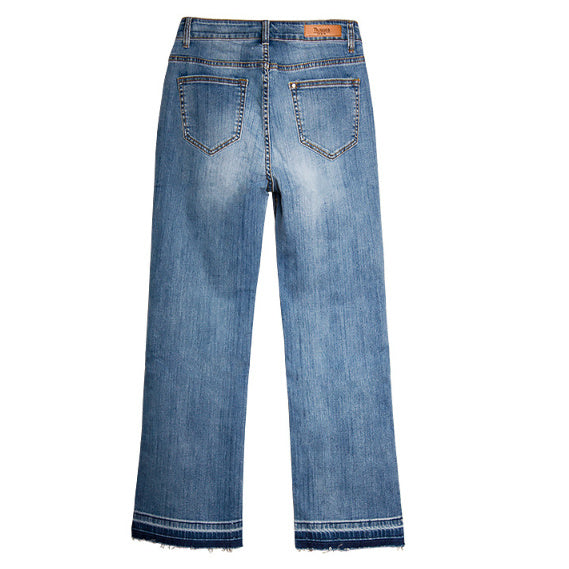 Jean bootcut élastique délavé, ample, jambe large, longueur cheville, pour femme