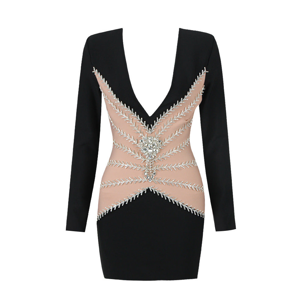 Autumn And Winter Graceful Fashion  Rhinestones Tassel Women's V-neck Bandage One-piece Dress