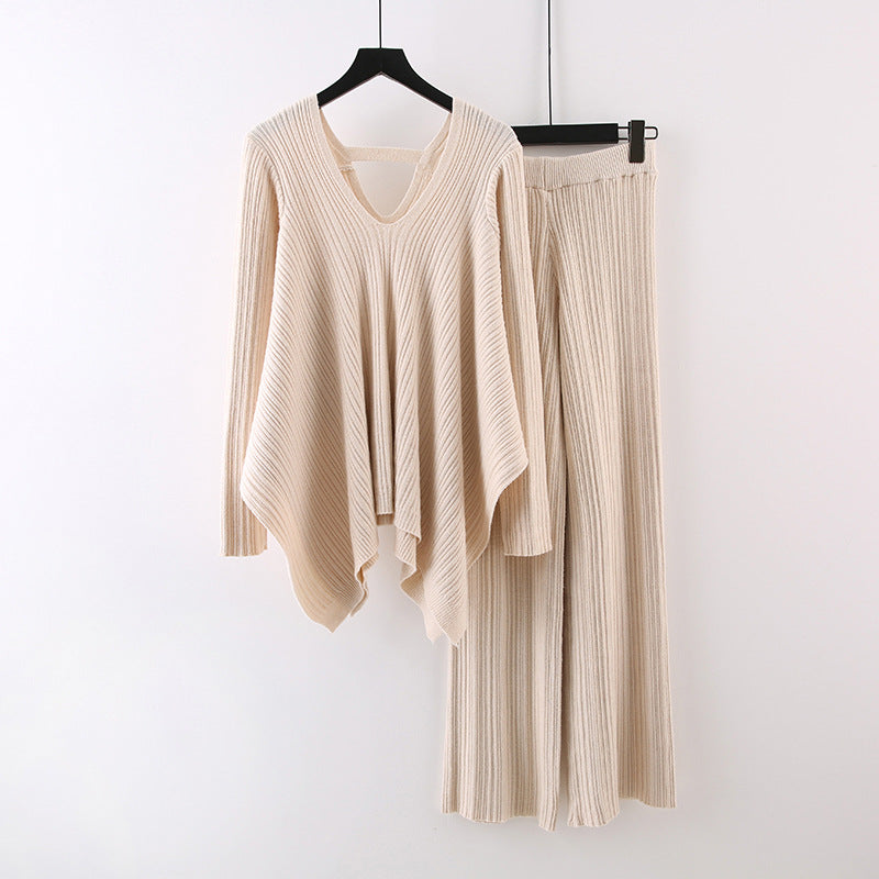 Autumn Fashionable Stylish Pleated Knitted Irregular V-neck Top Wide Leg Pants Sweater Suit