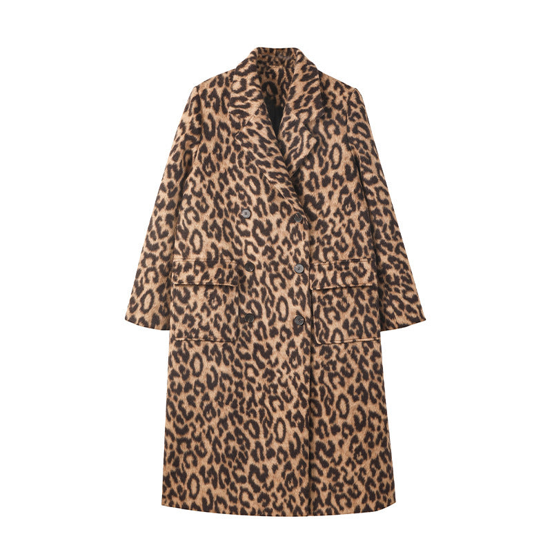 Abrigo largo de lana con estampado de leopardo de invierno para mujer