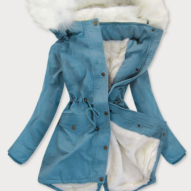 Autumn And Winter Fur Collar Hood Mid-length Denim Trench Coat