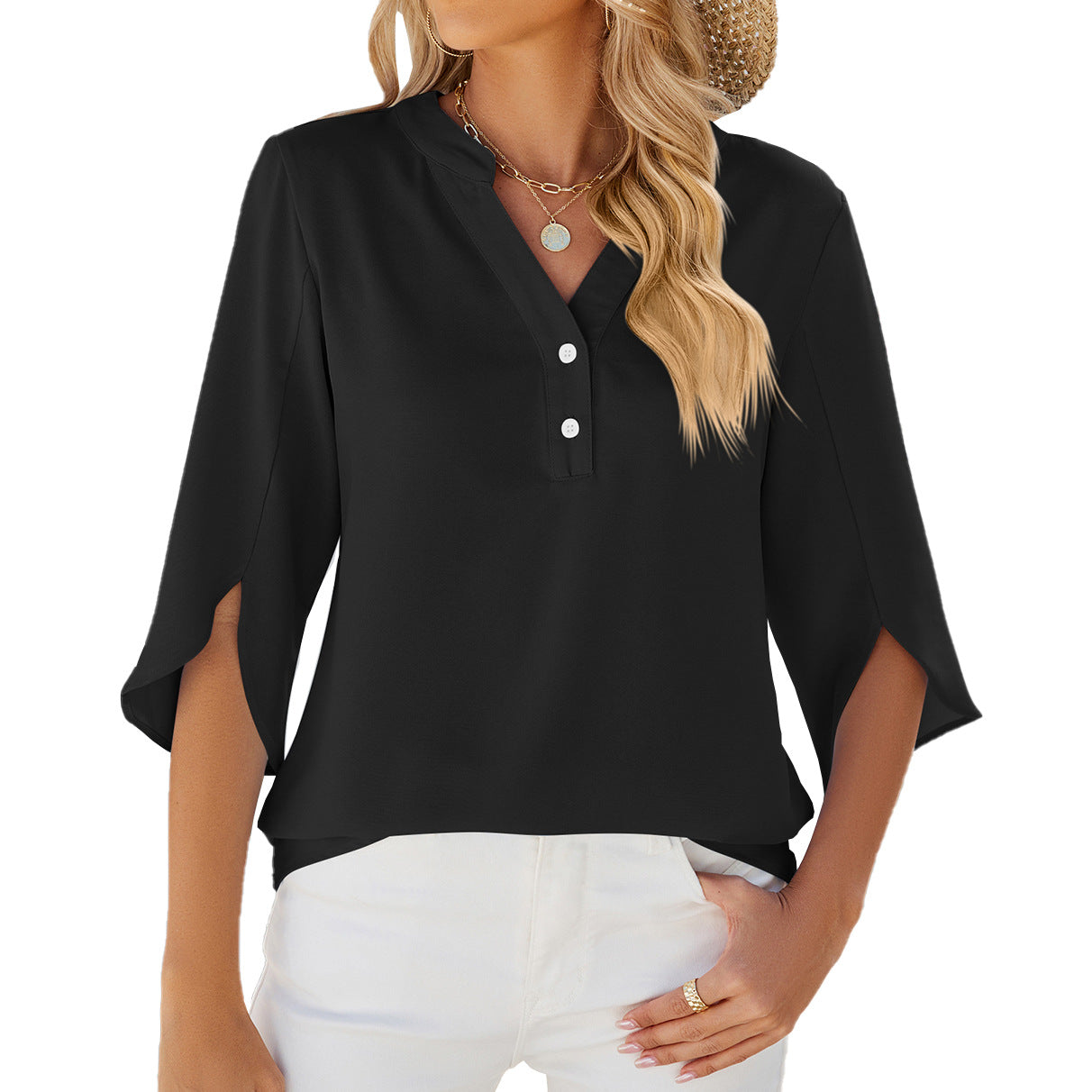 Camisa de gasa de manga media con cuello en V y botones Top de color liso Ropa para mujer