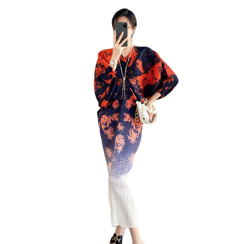 Women's Pleated Vintage Printed Batwing Sleeve Dress