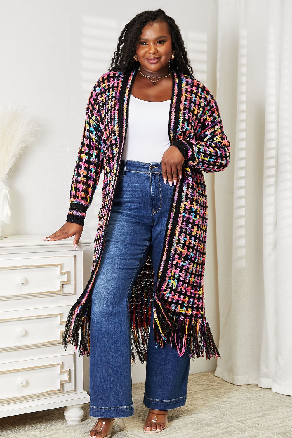 Double Take Cardigan multicolore ouvert sur le devant avec ourlet à franges pleine taille