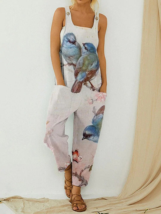 Women's Trousers Fashion Loose Straight Jumpsuit Abstract Birds Flowers Print Bib Jumpsuit