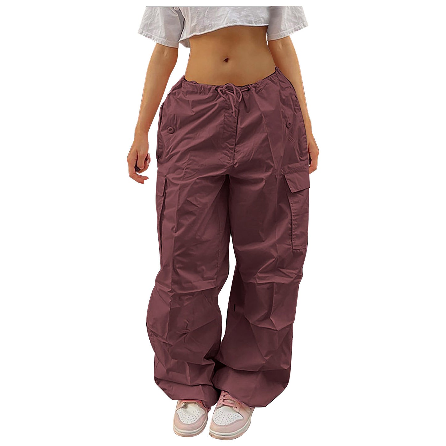 Pantalones Cargo Casuales Para Mujer Color Sólido Diseño De Bolsillo Con Cordón Pantalones De Calle De Moda Niñas