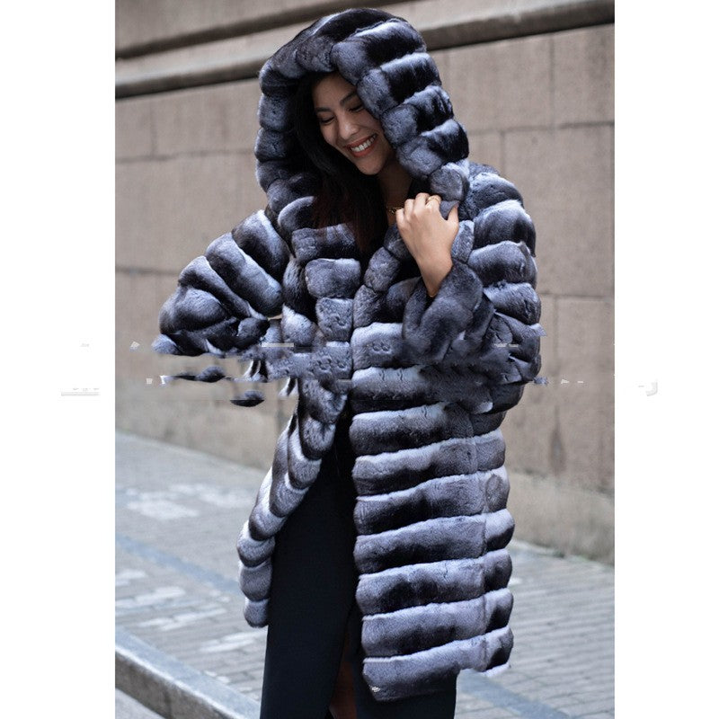 Striped Hooded Warm Mid-length Women's Clothing