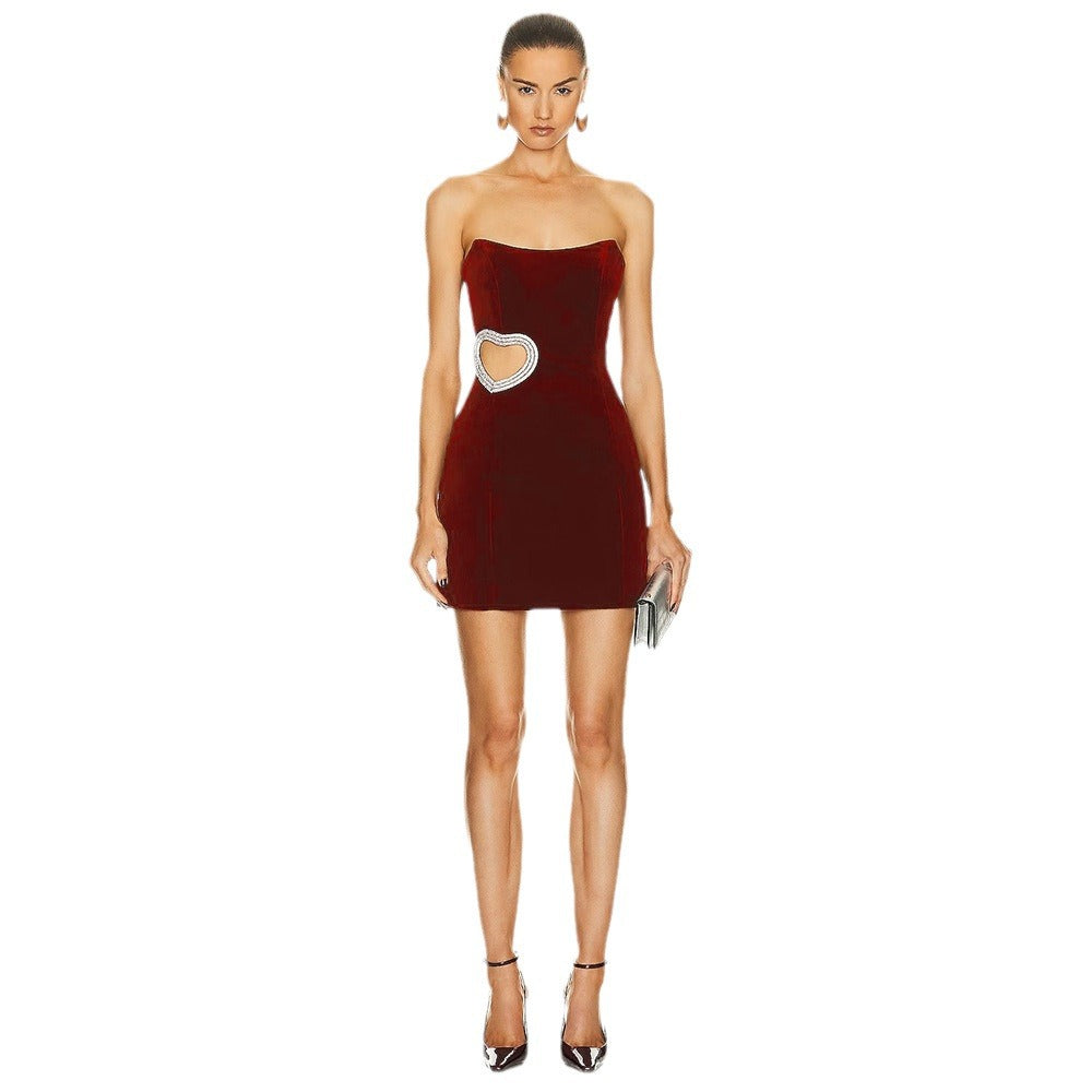 Robe bustier tubulaire en forme de cœur creux rouge vin pour femmes