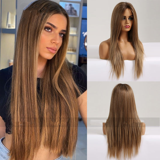 Perruque femme cheveux longs et raides brun moyen en fibre haute température