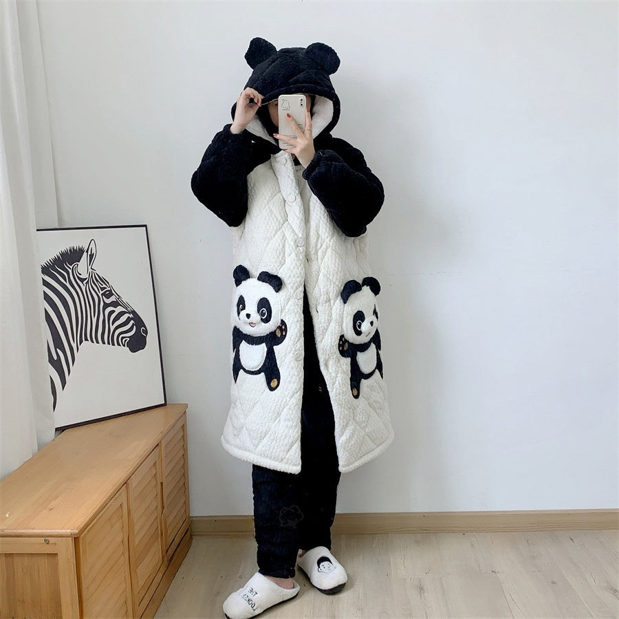 Couple Pajamas Men's And Women's Autumn And Winter Three-layer Thickened Cartoon Flannel Warm Loungewear Suit