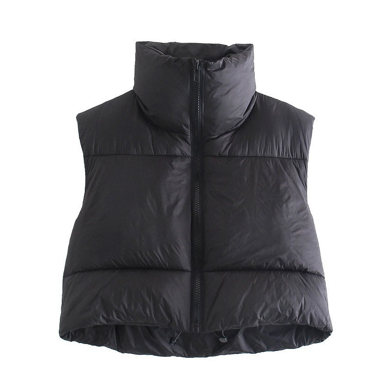 Gilet court d'hiver pour femmes, couleur unie, fermeture éclair, sans manches, veste à revers, manteau à pain à la mode