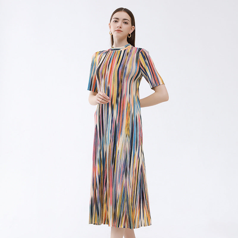 Gentle Personality Camouflage Slim Half Turtleneck Pleated Korean Style Slimming Short Sleeve Dress