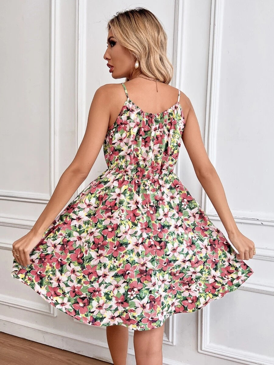 Vestido con tirantes y estampado floral con diseño de cintura elástica, vestidos cortos de verano a la moda, ropa para mujer