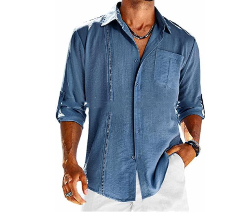 Camisa casual de manga larga con bolsillo, cuello polo de encaje, botón de color sólido, ropa para hombre