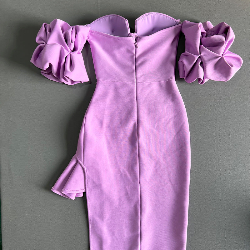 Robe à bandes de couleur unie à manches lanternes pour femmes