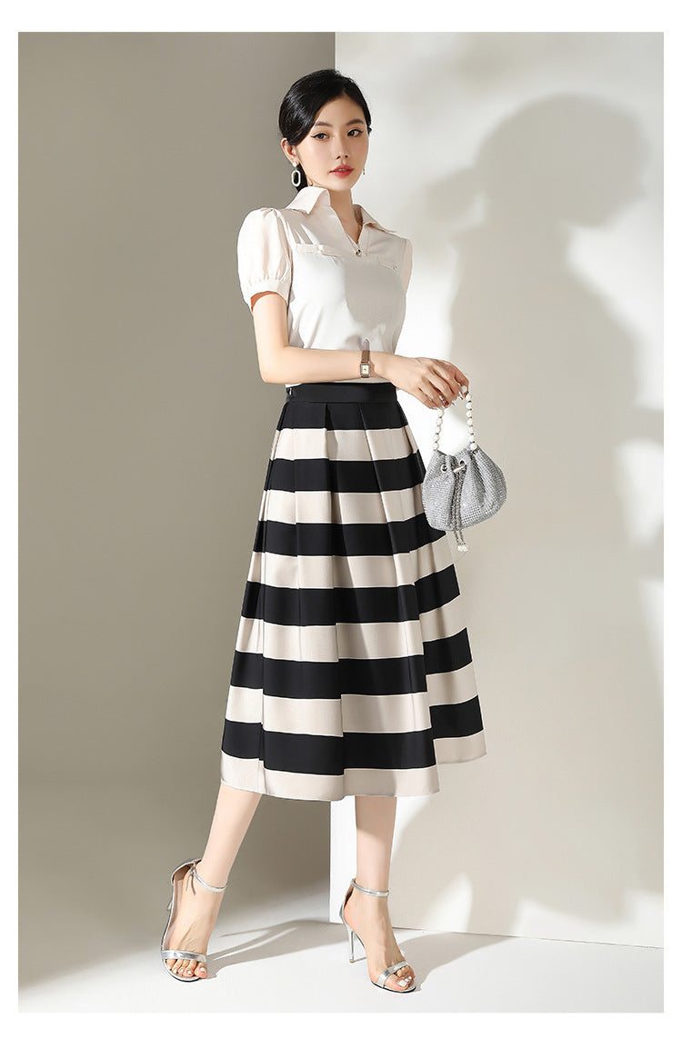 Striped Minimalist Stitching Fashion Pleated A- Line Skirt