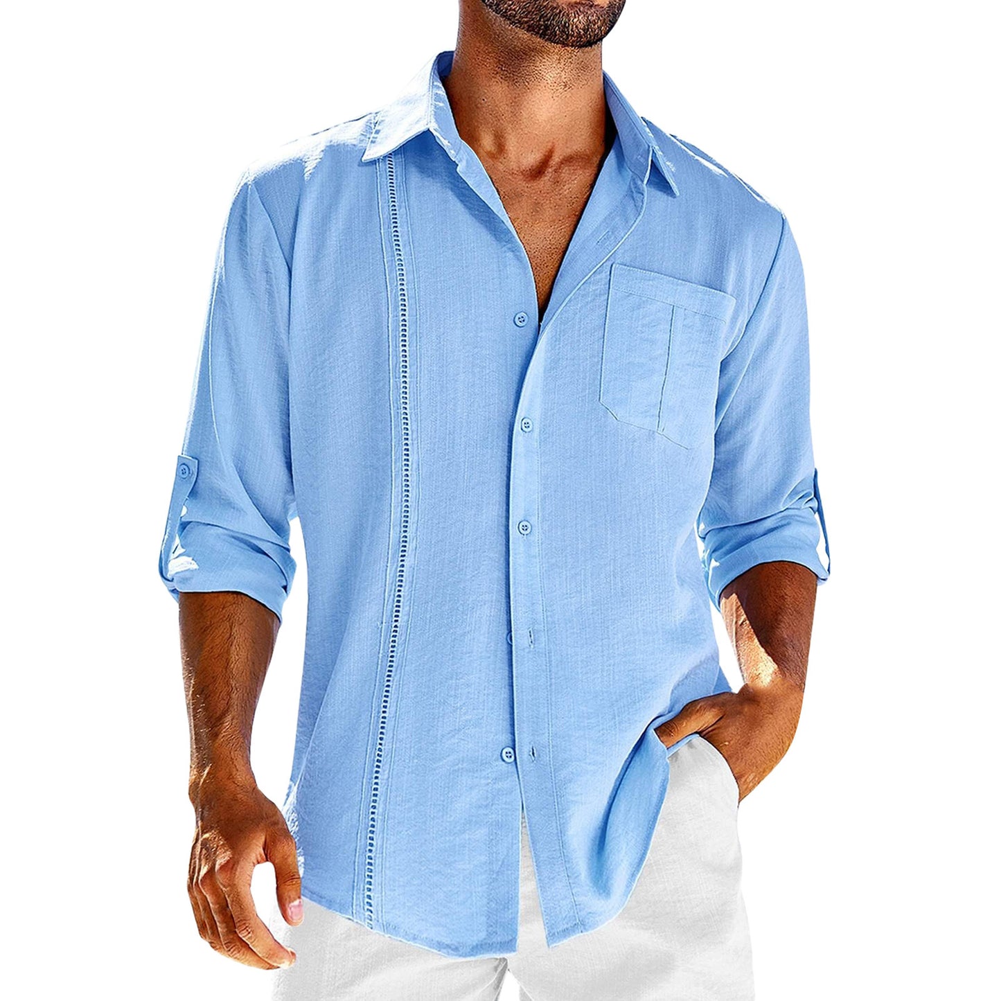 Camisa casual de manga larga con bolsillo, cuello polo de encaje, botón de color sólido, ropa para hombre