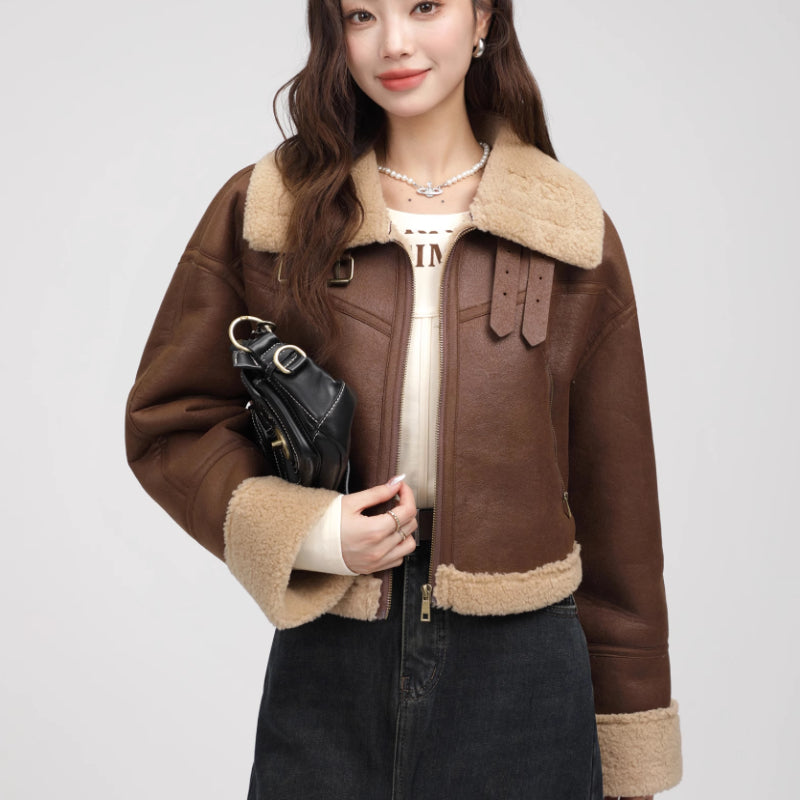 Stand Collar Fur Integrated Lamb Fur Short Coat