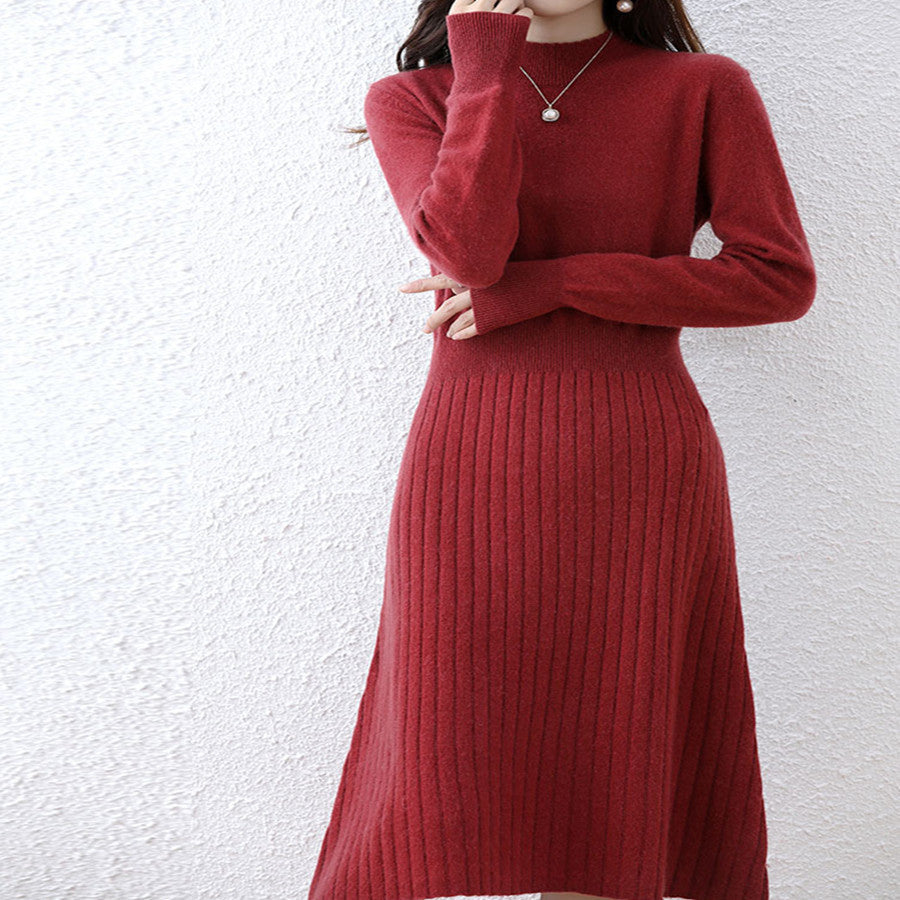 Autumn And Winter New Pure Wool Dress Women's A- Line Style Overknee Mid-length