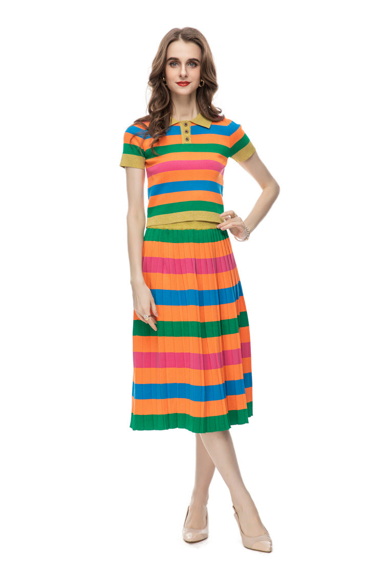 Women's Casual Fashion Printing Knitted Colorful Striped Top Mid-length Dress Set