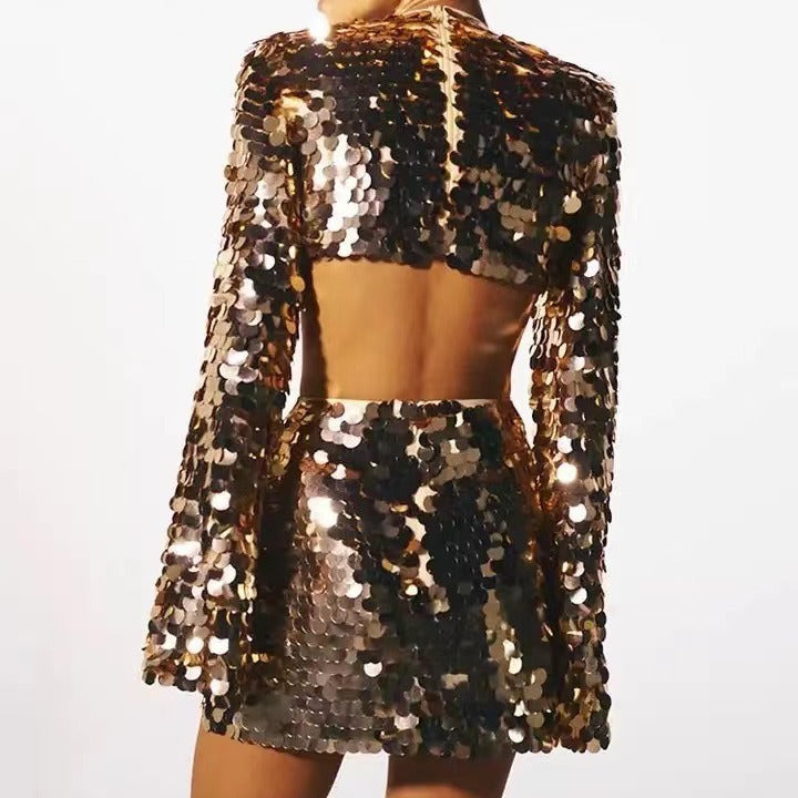 Robe de soirée Sexy à manches longues et col rond pour femmes, douce et épicée, grande robe à paillettes