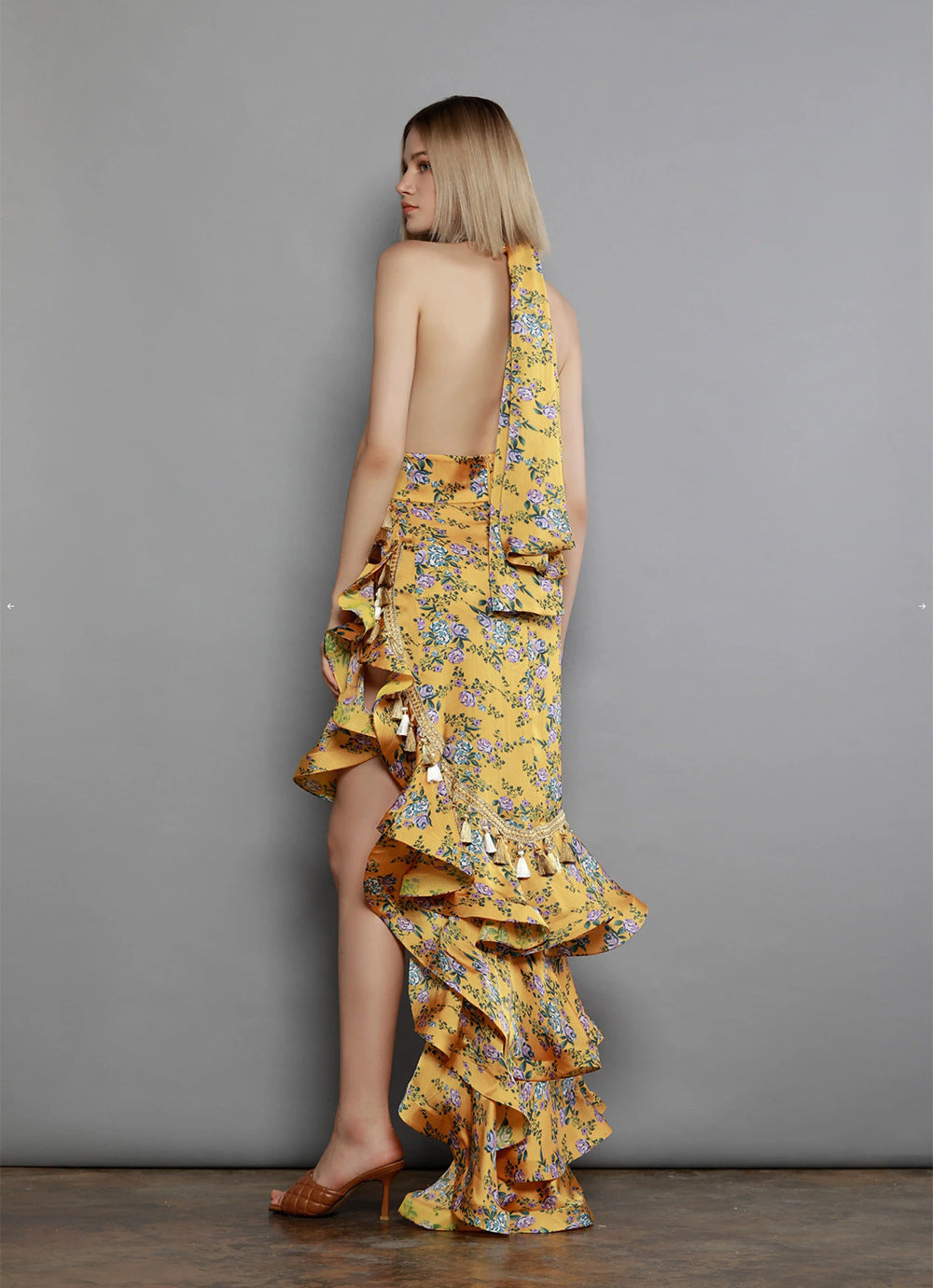 Robe longue imprimée à fleurs, dos nu, dos nu, pour femmes