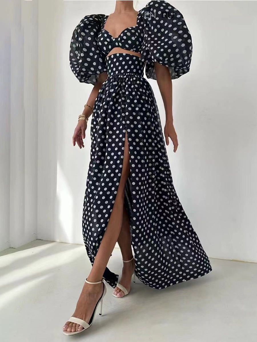 Woman Square-neck Puff Sleeve Top High Waist Slit Polka Dot Printed Dress Suit