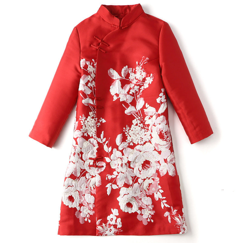 Primavera y otoño Estilo de la República de China Ropa de mujer retro Cuello alto Jacquard Vestido cheongsam de longitud media mejorado Vestido cheongsam de línea A de novena manga