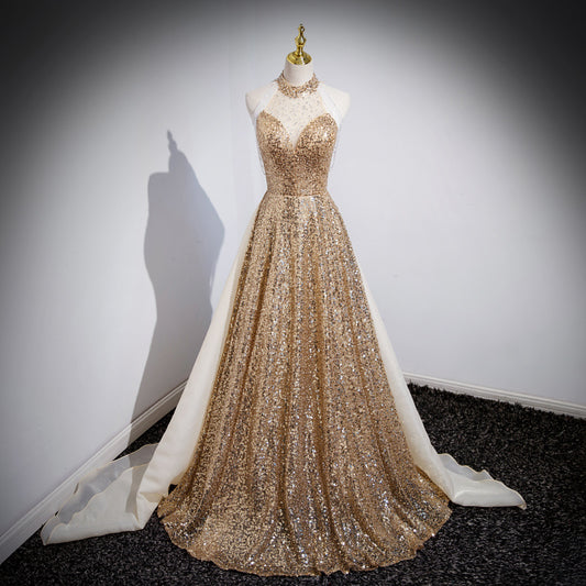 Golden Evening Dress Female Host Performance Dress