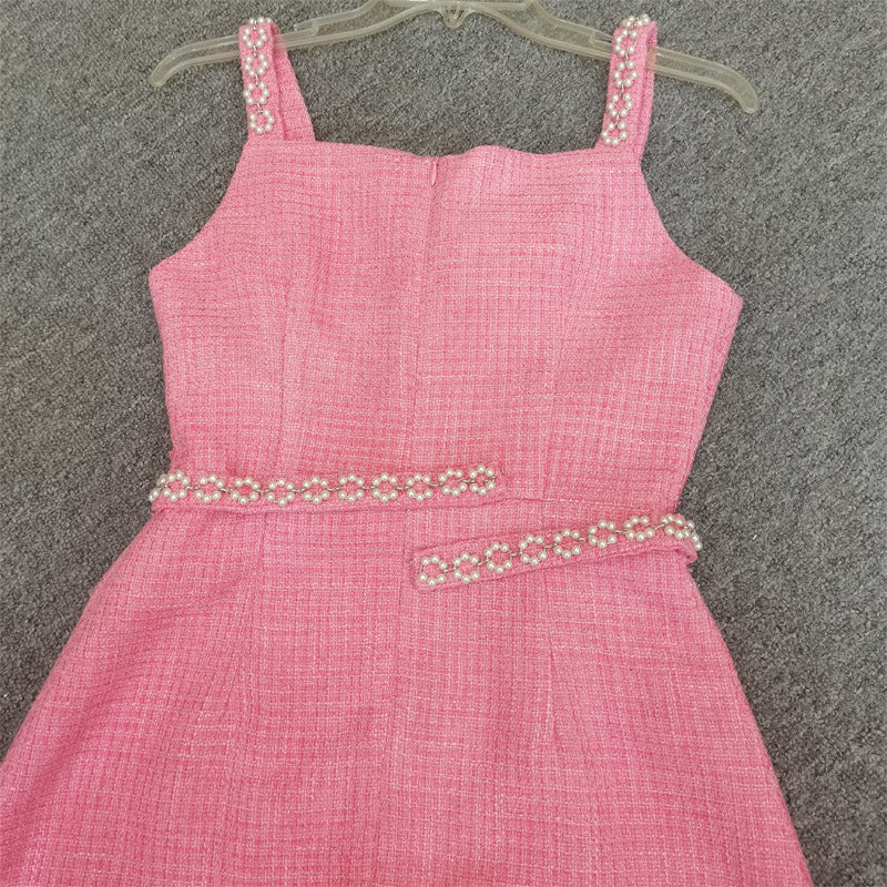 Spring And Summer Classic Style Carded Woollen Fabric New Style Pink Strappy Bow Dress