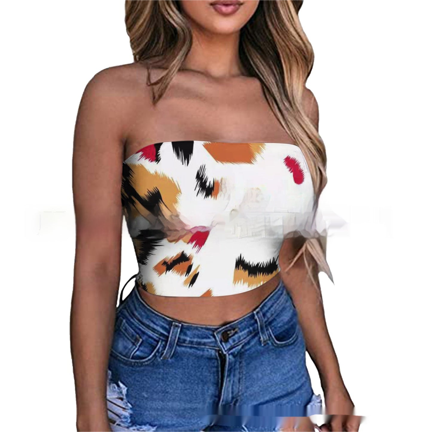 European And American-style Chest-wrapped Printed Bandeau One-shoulder Top