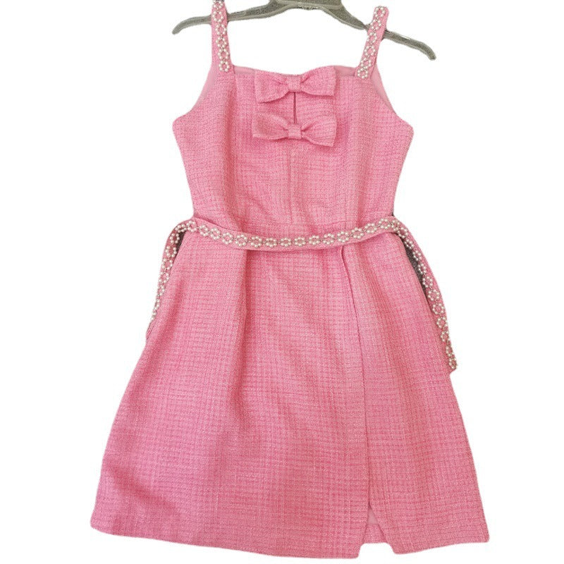 Spring And Summer Classic Style Carded Woollen Fabric New Style Pink Strappy Bow Dress