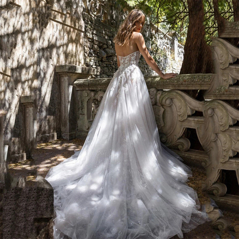 Vestido de novia ligero con parte superior de tubo transparente y abertura alta para mujer