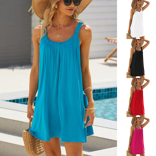 Vestido de playa suelto de Color liso, vestidos informales con tirantes para vacaciones, ropa de verano con cuello redondo para mujer