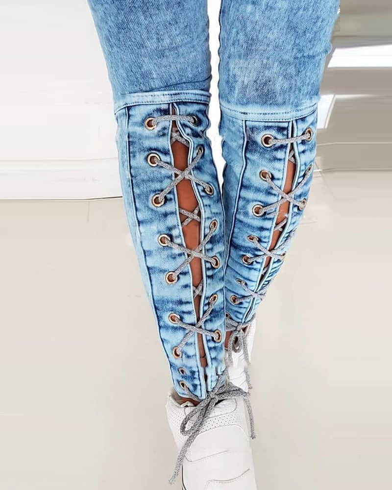 Jean skinny stretch taille haute à lacets pour femme