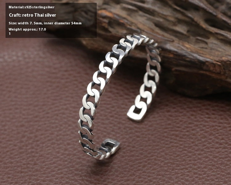 Women's S925 Sterling Silver Retro Opening Distressed Simple Bracelet